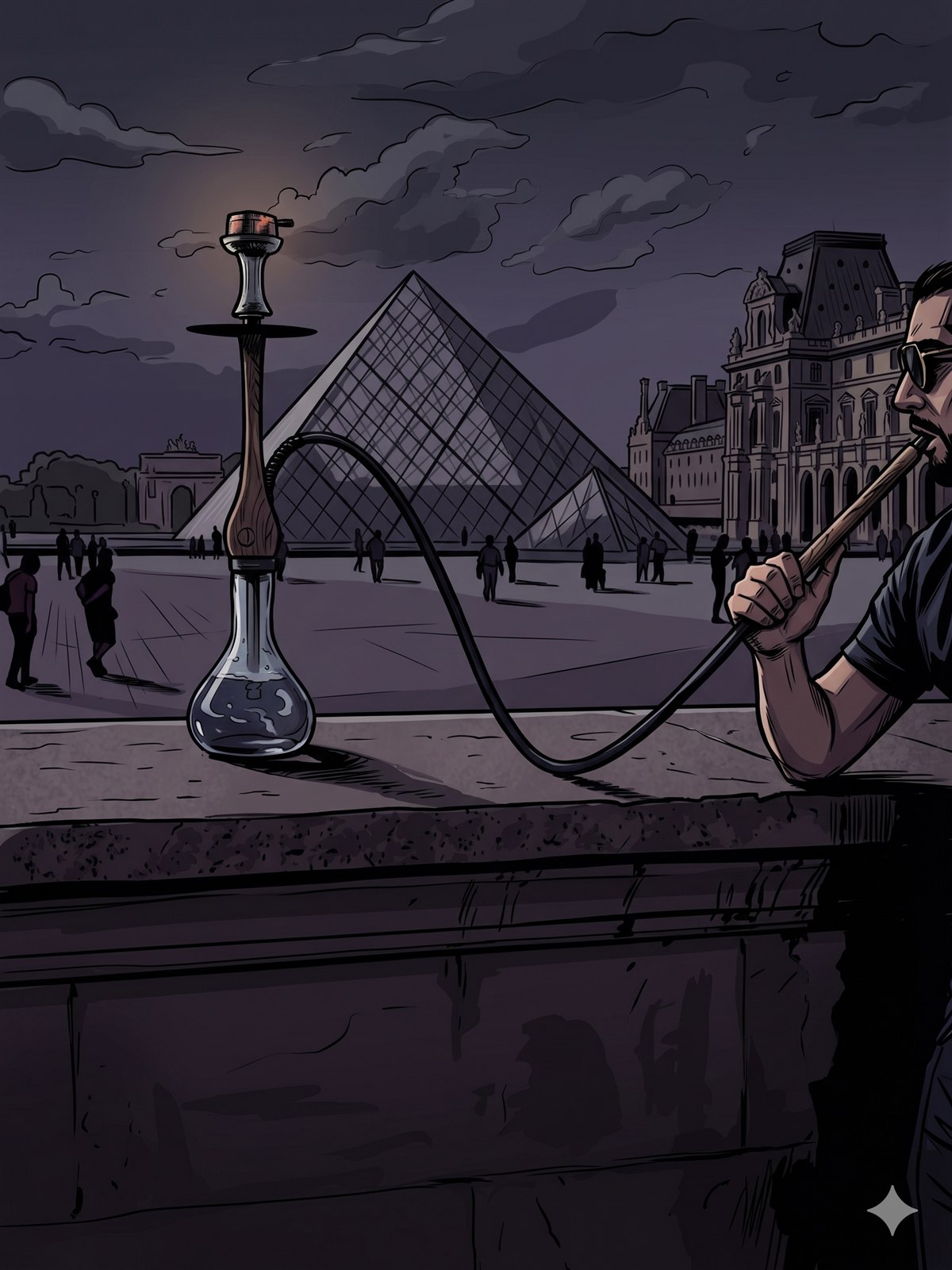 Dilijan BABAYAKA devant la pyramide du Louvre, la nuit
